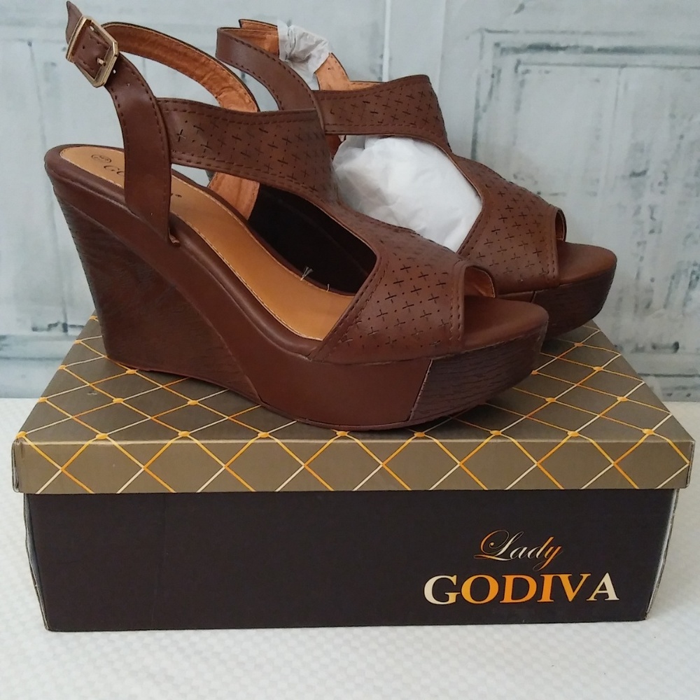 Lady Godiva Sketch Brown Wedge Platform Heels